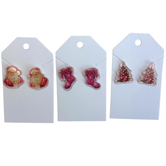 Set of 3 Pink NEW Christmas Holiday Stud Acrylic Handmade Earrings - Picture 1 of 5